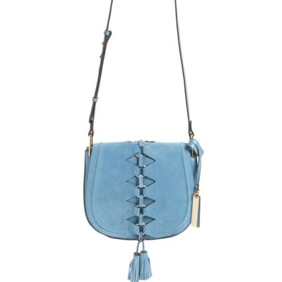 Vince Camuto “Ancel Suede Crossbody Bag” Blue Tassels Fringe - Picture 2 of 14